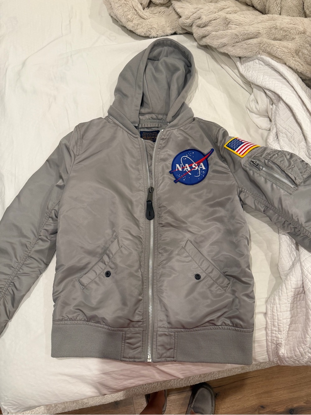 NASA Gray Hooded Bomber Jacket with Patches XS